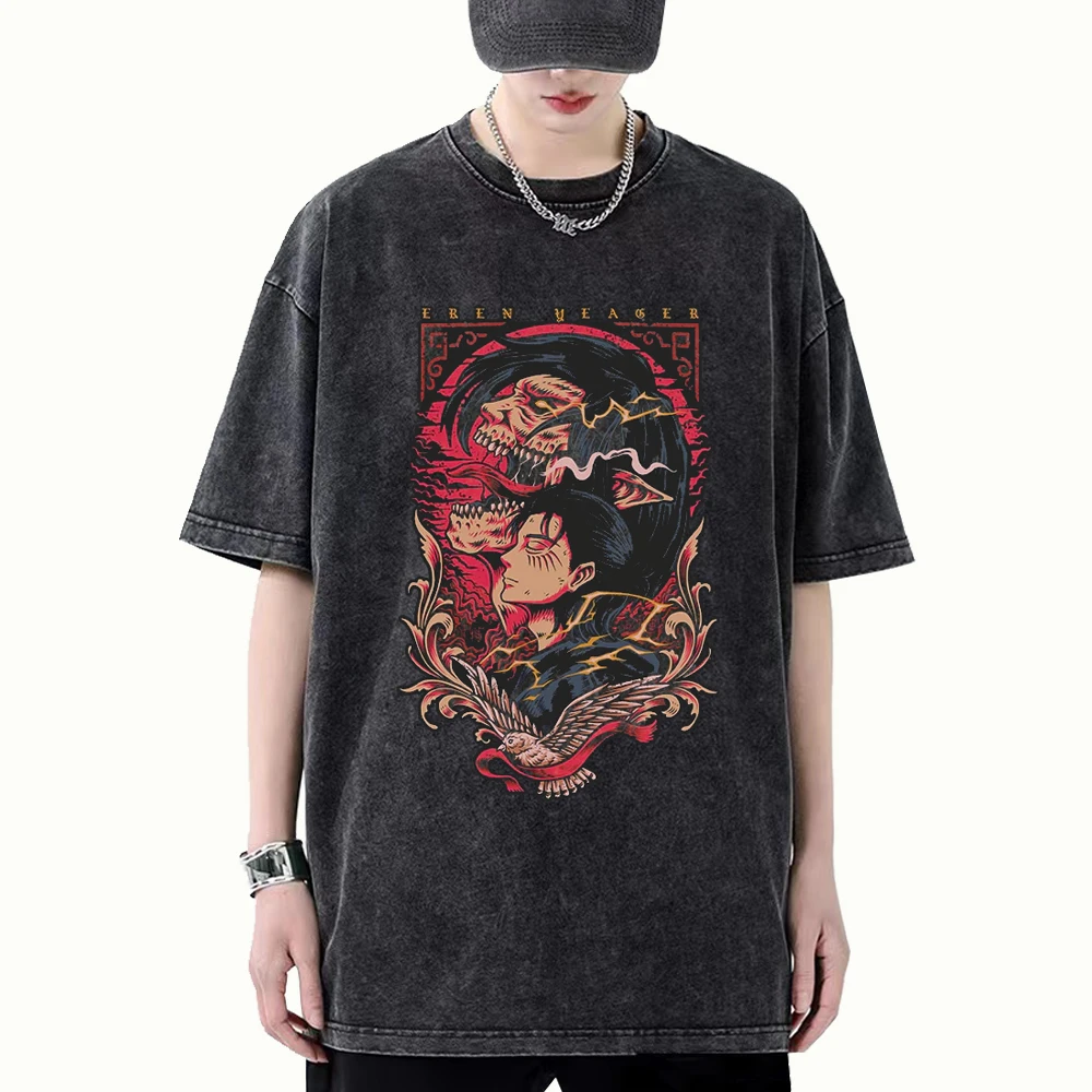 

Attack On Titan Anime T Shirt Harajuku Cotton Vintage Washed Unisex T-Shirt