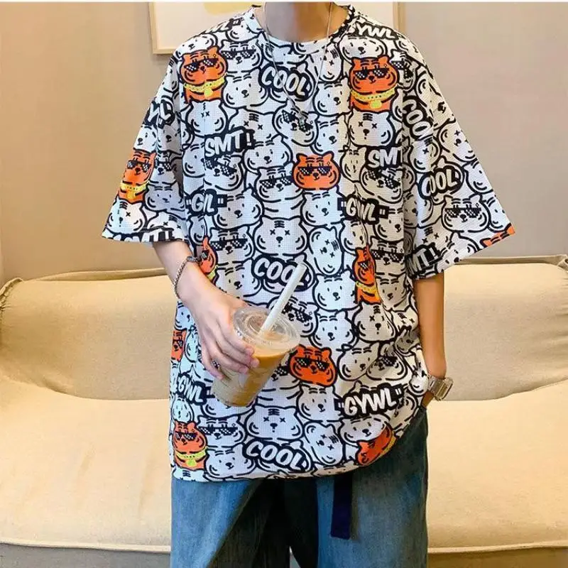 

Summer Teenager Men's Short Sleeve Cartoon Print T-shirt Cotton Loose Fashion Casual Soft Breathable Comfortable