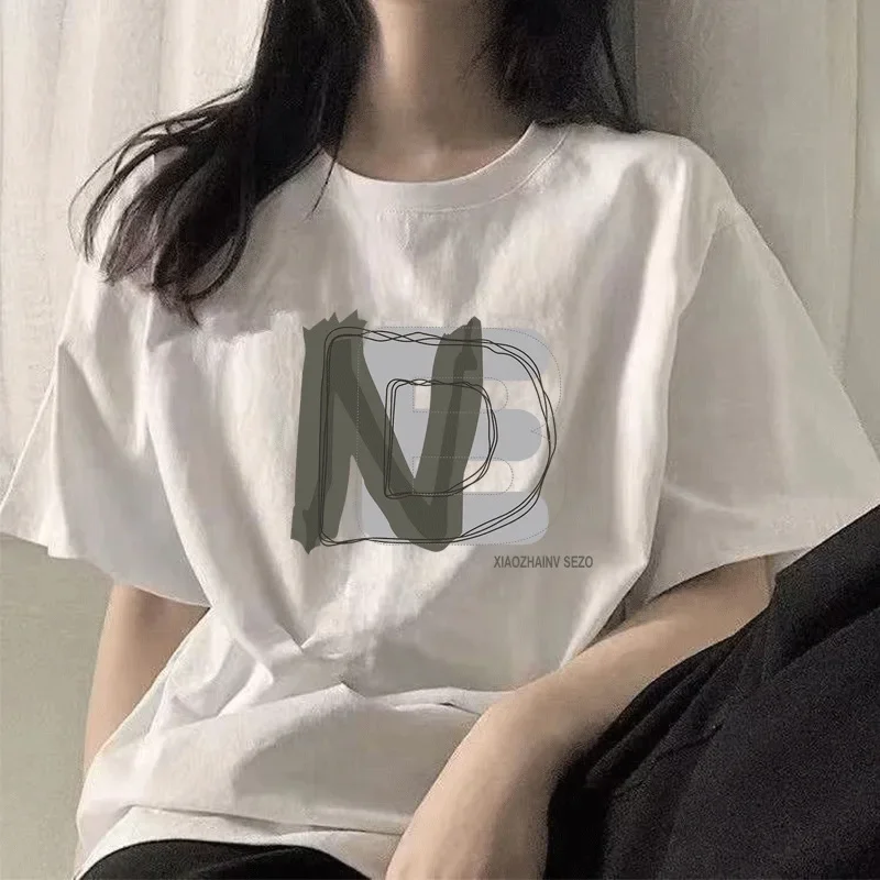 Pure Cotton Short Sleeves T-Shirt Women's Loose-Fit Summer New Style Shoulder Sensibility Heavy Couple Top Crew Neck Design