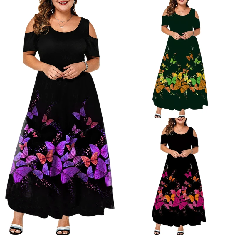 Plus Size Floral Print Cold Shoulder Maxi Dress Bohemian Dress 2022 Women Holiday Dresses Casual Loose Vintage Long Vestidos
