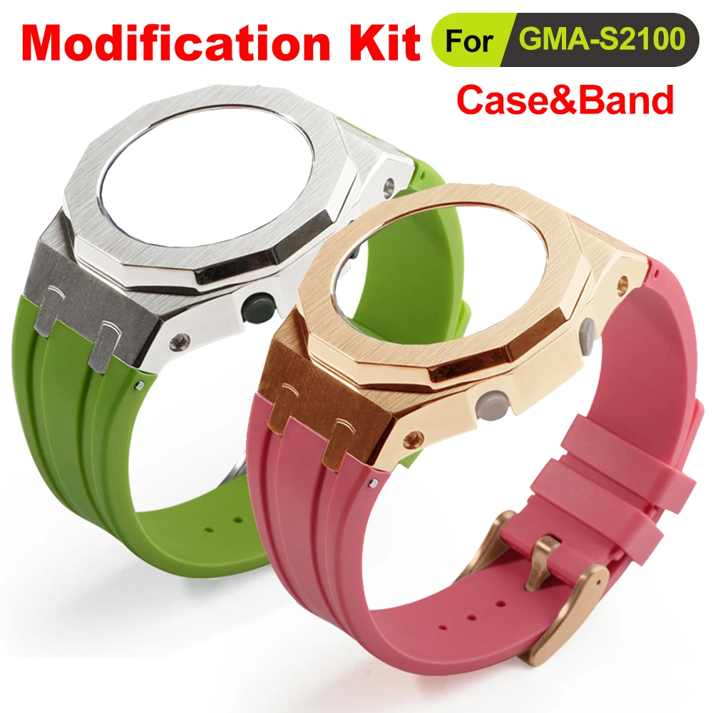 for Casioak GMA-S2100 Mod Kit Watch Case with Screws Watch Band Stainless Steel Metal Bezel Rubber Strap For Casio Accessories