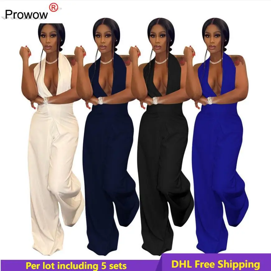 

PROWOW Backless Jumpsuits Women Sexy Wide Leg Pants Sleeveless Rompers V Neck Overalls Night Club Wear Wholesale BULK DHL 6965