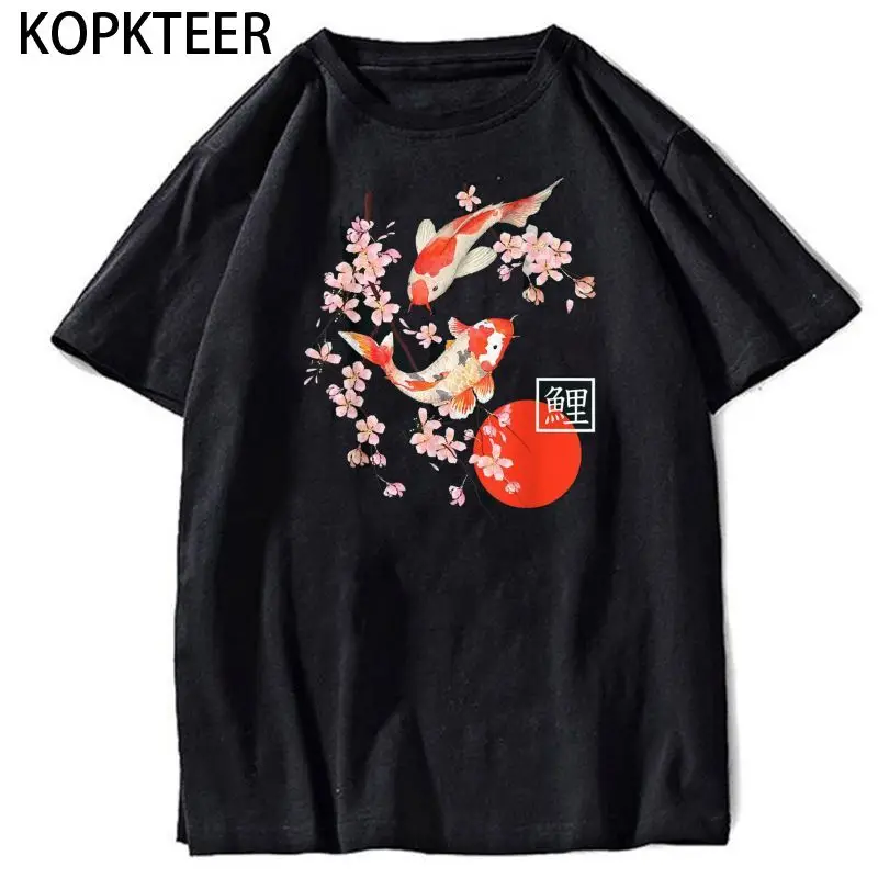 Camiseta japonesa versátil para hombres y mujeres, camisa negra holgada con estampado de flores de cerezo, pez carpa Koi, cuello redondo de alta calidad