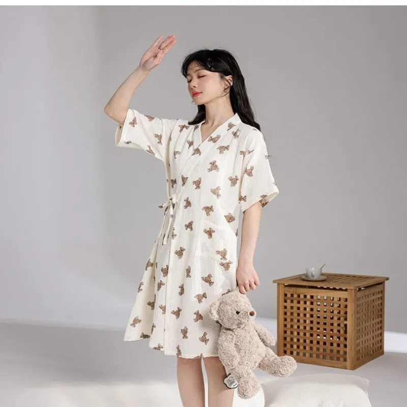 Pajamas For Women's Summer Pure Cotton Kimono Nightgowns Thin Bathrobe Sweet Style Home Service Comfortable and Casual Sleepwear