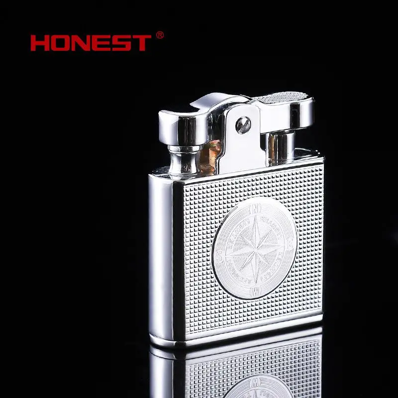 2022 HONEST Creative Retro Windproof Kerosene Lighter Metal Mini Push Cigarette Lighter Cigar Smoking Set Men and Women Gift