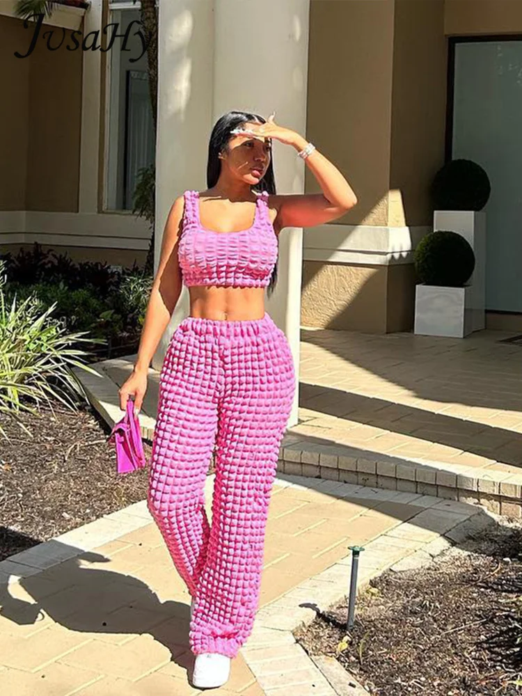 

Женский Повседневный Спортивный костюм JusaHy, однотонный клетчатый комплект из двух предметов, эластичный облегающий короткий топ и прямые штаны, Y2K, зима 2022