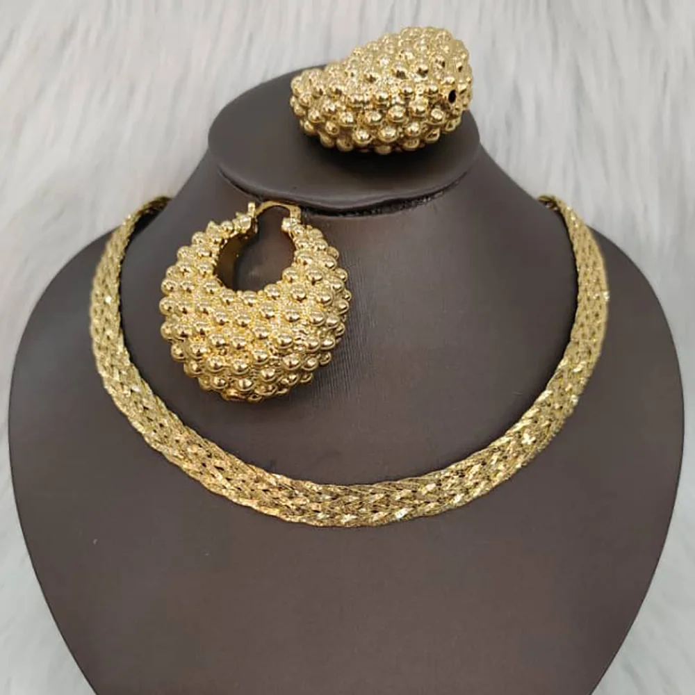 

Dubai Gold Color Jewellery Set for Women Punk Choker Necklace and Hoop Earrings 2Pcs Set for Weddings Bridal Nigerian Accessory