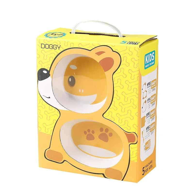 Cartoon Dinosaur Baby Feeding Plate Children Bamboo Fiber Tableware Tray Dish Bowl Fork Spoon Cup Food Training Dinnerware Set