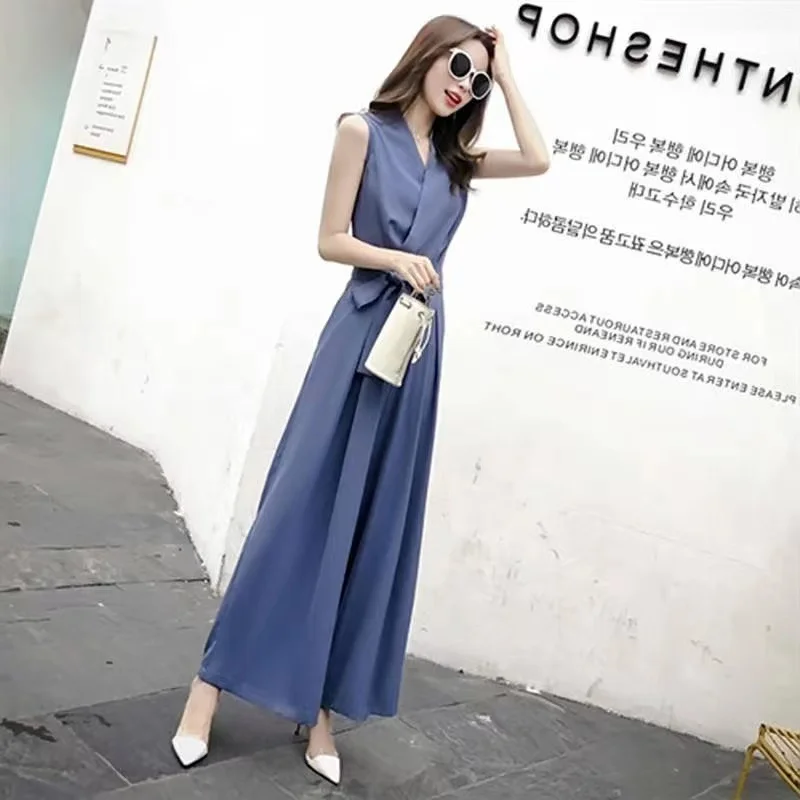 One Piece Wide Leg Pants Summer New Fashion Casual V-neck Slim One Piece Suit