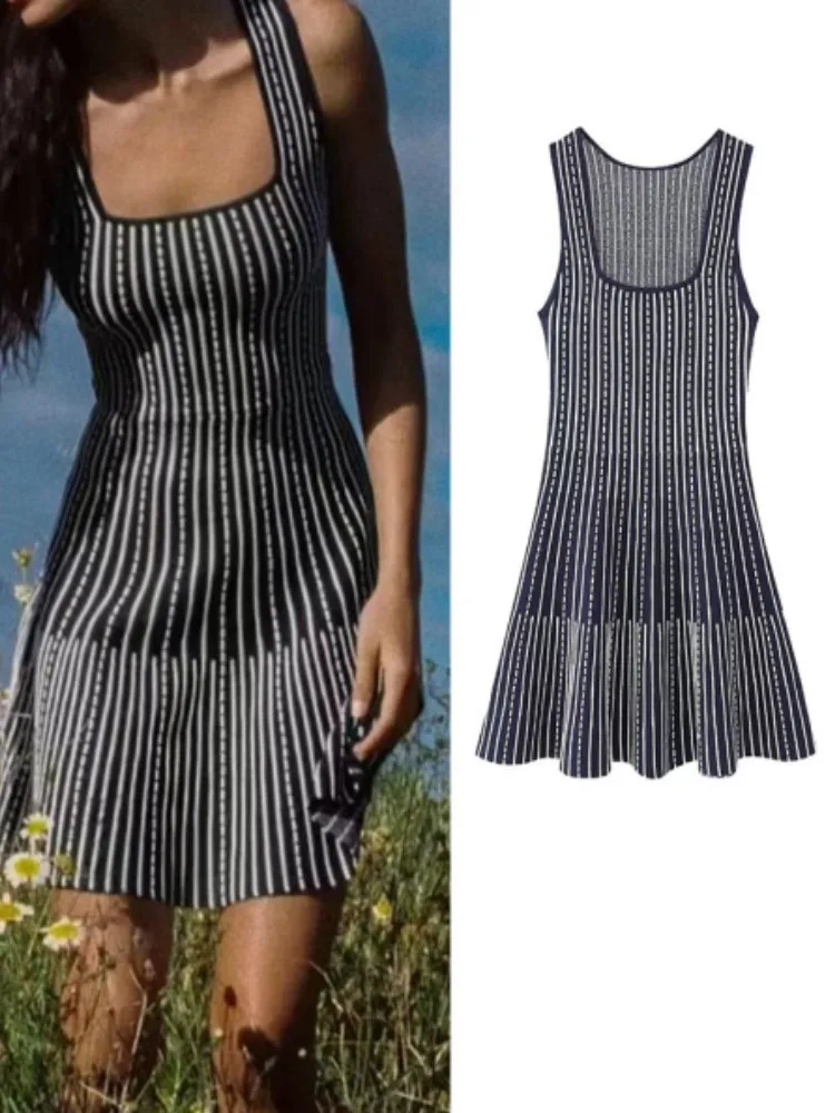 

RDMQ 2023 Summer Striped Kintted Dress New Square Collar A-line Sleeveless Dress Sweet Casual Elastic Mini Camisole Dress