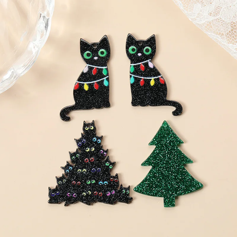 

10PCS Christmas Tree Black Cat Acrylic Epoxy Pendant Charms For Necklace Earring DIY Making Accessories
