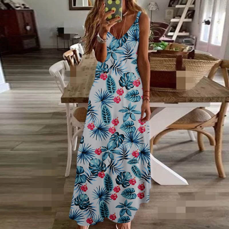 

Summer Robe Women Dress Casual Sling Floral Long Dresses Boho V-Neck Sleeveless Beach Floral Print Maxi Dress Casual Sundress
