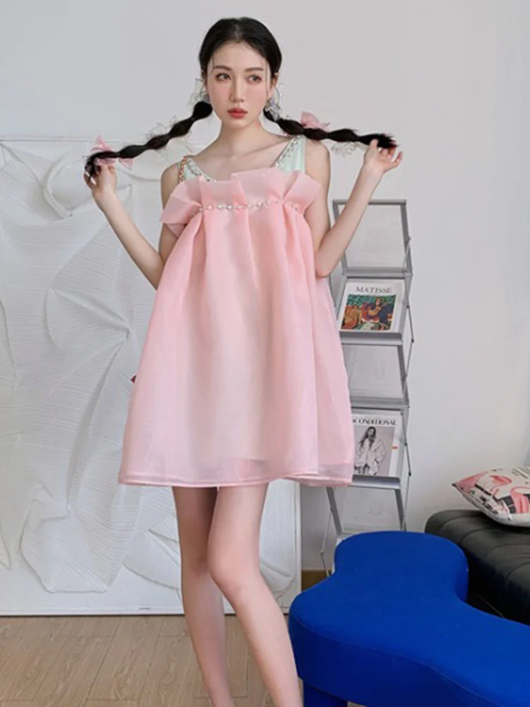 

Pink Ruffle Diamond Mesh Suspender Dress Rhinestone Bow High Waist Stitching Dresses 2022 Summer Female Cute G036