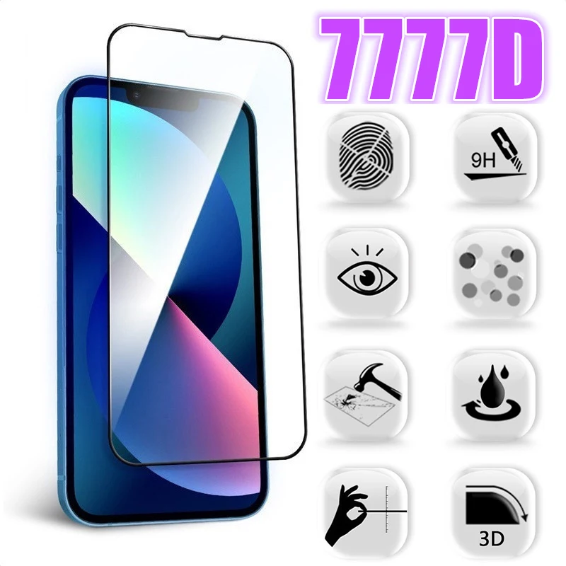 

7777D Tempered Glass Full Cover For iPhone 13 12 11 Pro Max Mini XR X XS MAX Screen Protector on For iPhone 7 8 Plus SE Glass