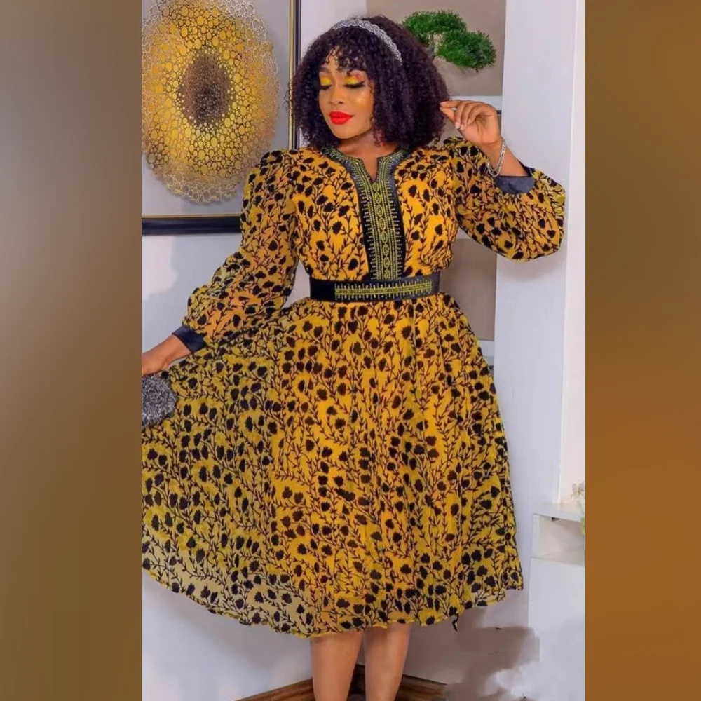 

Floral Print Dresses Women Long Sleeve Elegant A-line Dress With Belt Fashion Evening Party Dresses Africa Female 2023 Summer