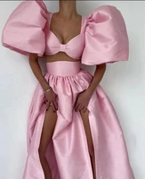 puff sleeve pink prom dresses 2 pieces sexy double slit long a line satin cocktail party wear women girls special evening gown