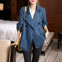 notched collar blue denim jackets 2022 new spring autumn coats button splicing long sleeve casual outwear summer jacket female