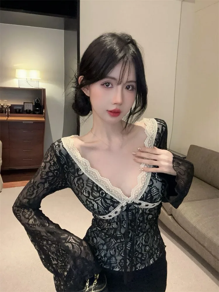 Y2k Сексуальные блузки для женщин Blusas De Mujer 2024 кружевные лоскутные рубашки с