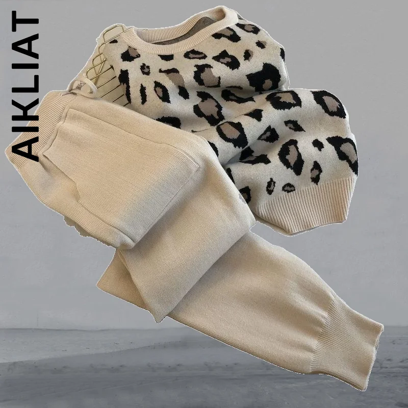 

Aikliat New Women Set Basic Printed Beaded Pullover + Double Pocket Lace Pants Two Piece Set Chic Vintage For Women