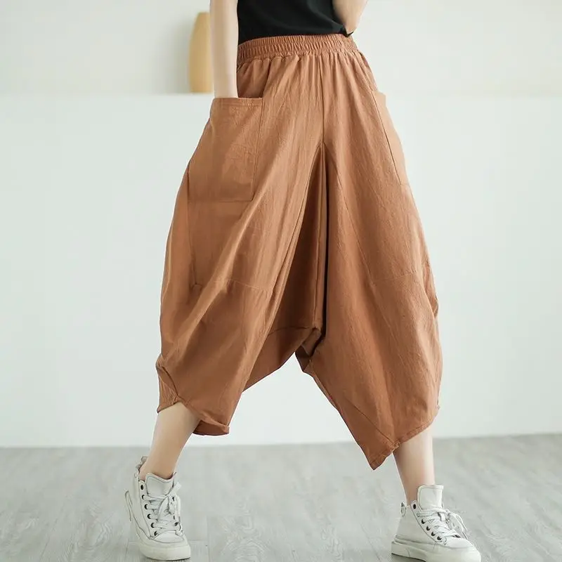 

Spring Summer Retro Cropped Trousers Elastic Waist Women Pants Loose Bloomers Cotton Linen Casual Wide Leg Pants Female J208