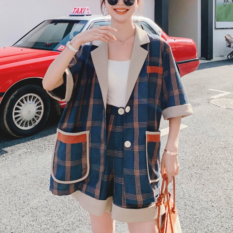 

Plaid Patchwork Women's Suit Loose Women Big Pocket Short Sleeve Blazer And Shorts Suits Sets Female Summer Casual