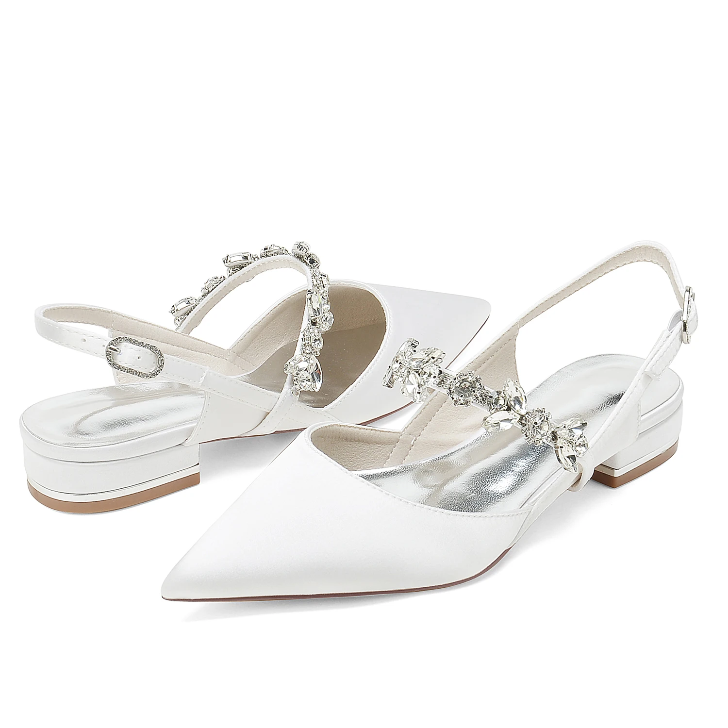 Pointed Toe Satin Wedding Flats for Bride Comfortable Rhinestones Bridal Shoes Evening Prom Party Dress Shoes Pumps