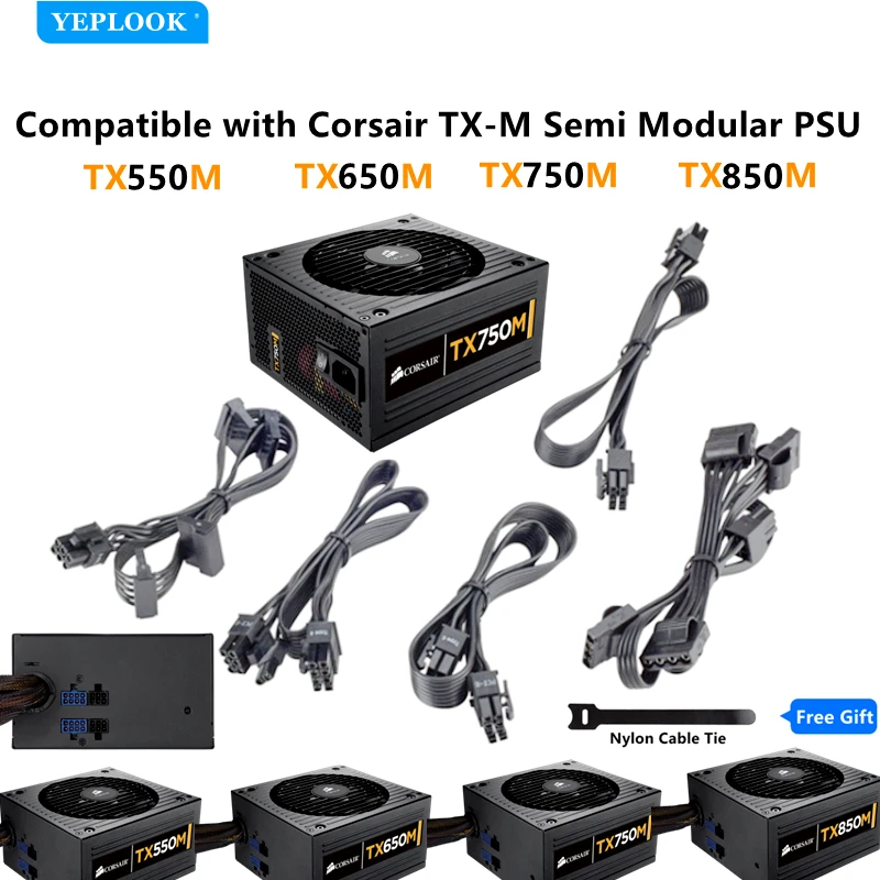 

Corsair TX-M TX850M TX750M TX600M TX550M Original PSU Semi-Modular Cable Type 3 GPU PCIe 8Pin 6+2Pin CPU 4+4Pin SATA Molex 4Pin