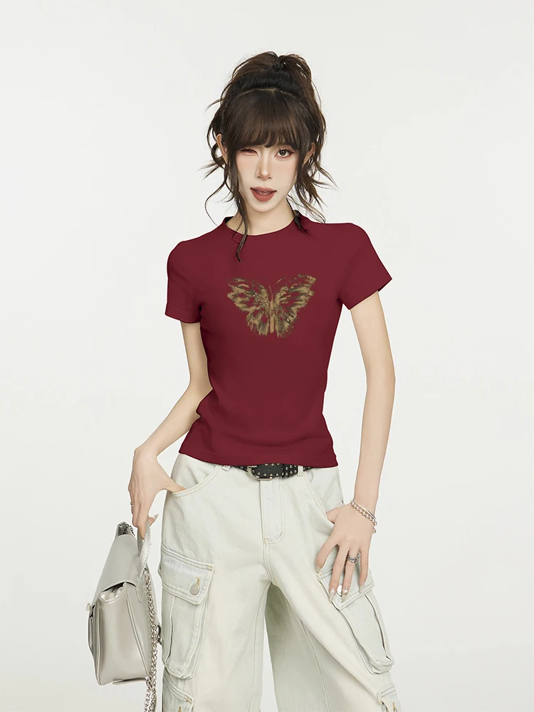 Винно-красная женская футболка с коротким рукавом и плечами Летний американский