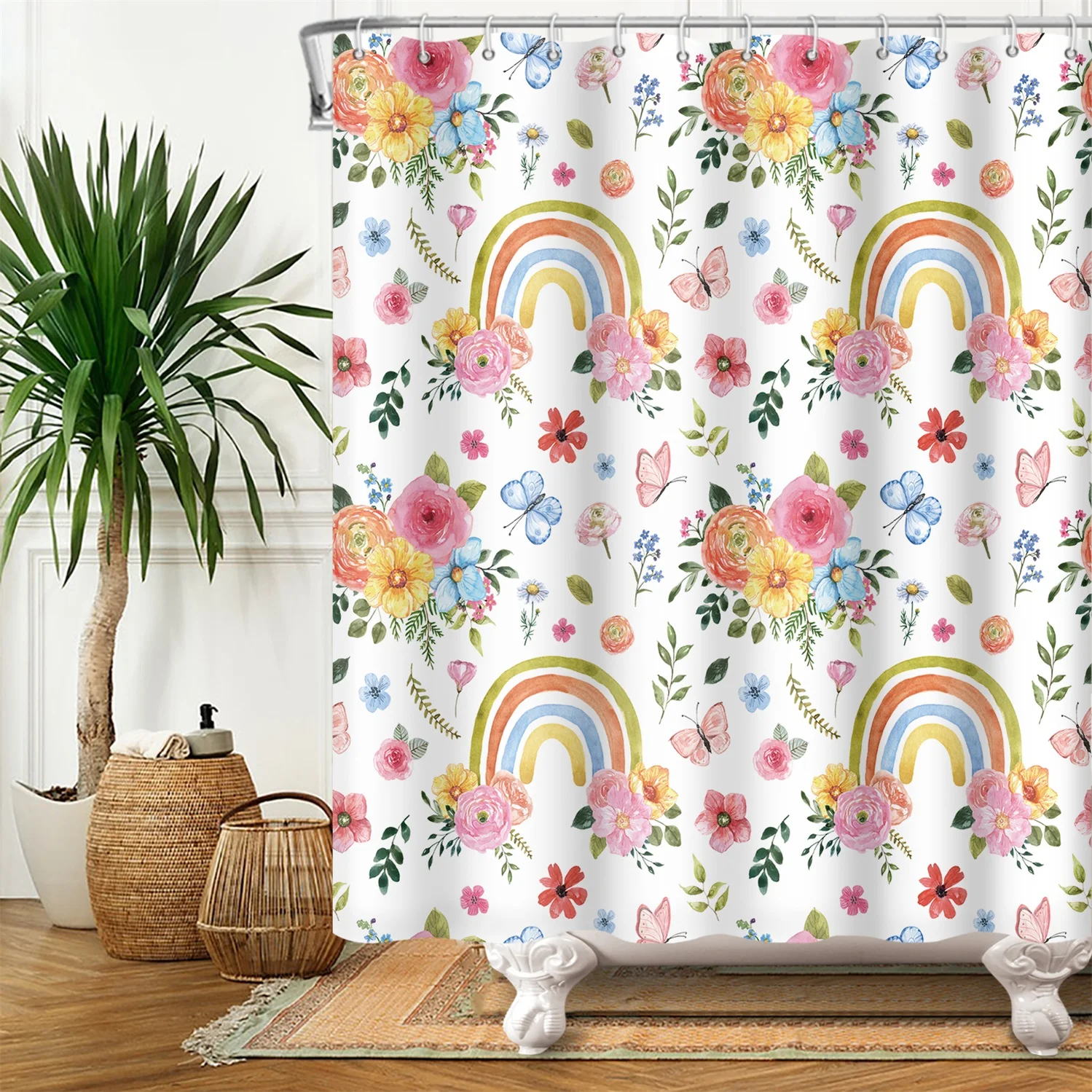 

Rainbow Shower Curtain Kawaii Floral Butterfly Star Cute Bathroom Curtain Waterproof Fabric Bathtub Screen Rideau De Douche