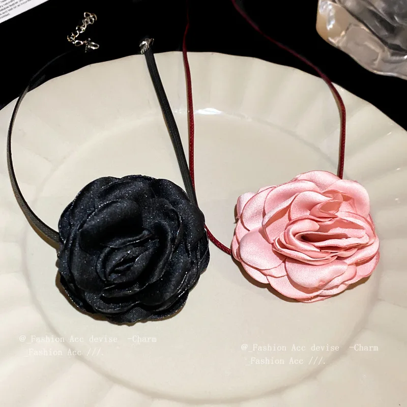 

Sexy Simple Pink Black Fabric Flower Long Ribbon Choker Necklaces Neckband Clavicle Chain Chocker Party Gift for Women