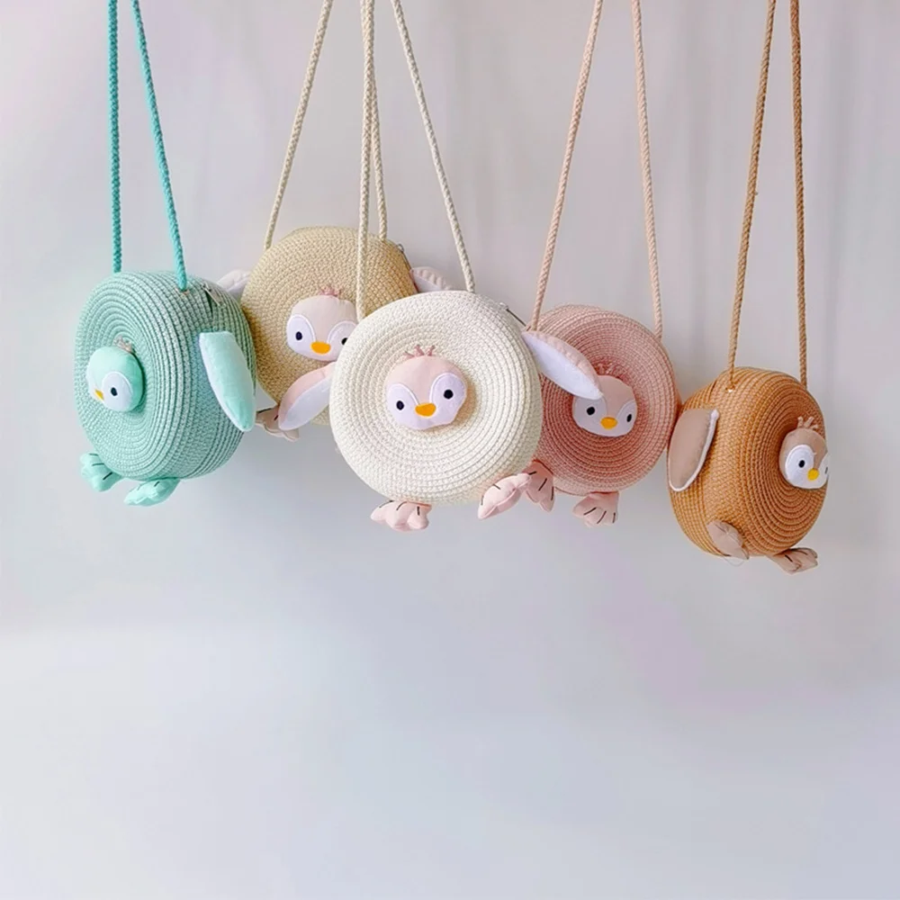 

Cute little penguin bag woven straw beach travel shopping sun hat cartoon canned women's hat men's shoulder oblique Wallet