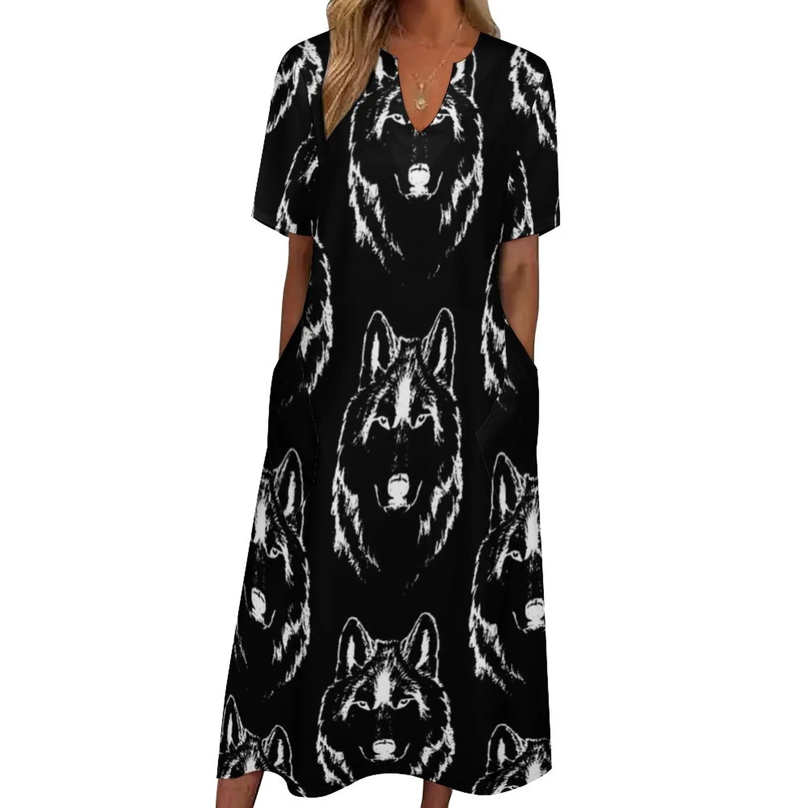 

Funky Wolf Face Head Dress Summer Black And White Street Style Casual Long Dresses Women Custom Modern Maxi Dress Big Size 4XL