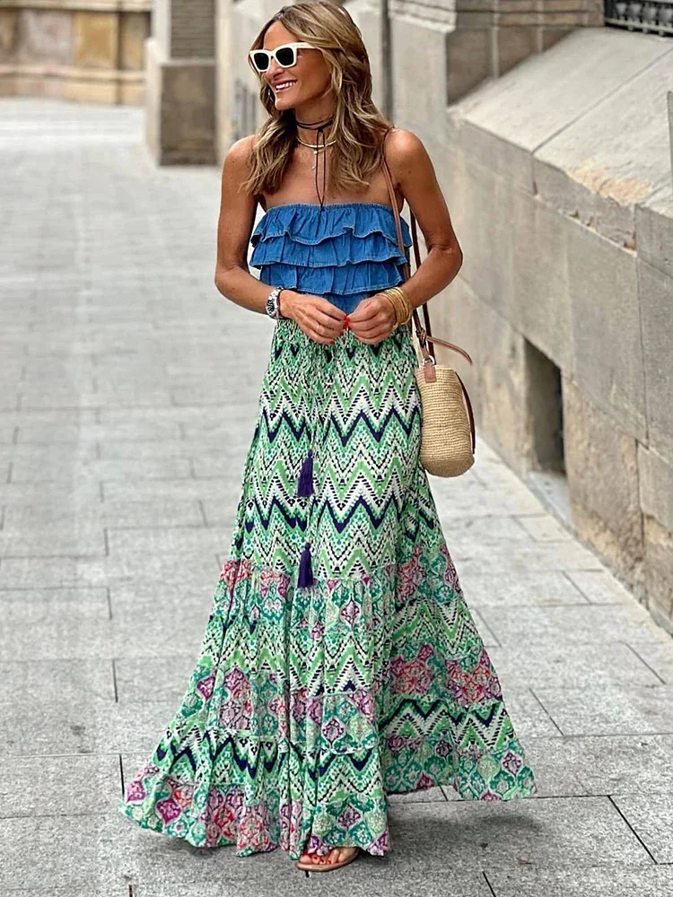 

Fashion Printed Long Skirt Women Geometric Pattern Boho Retro A-line Skirt Lady Summer High Waist Casual Loose Beach Maxi Skirt