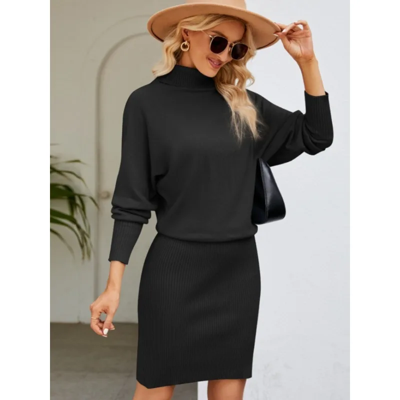 

2023 New In Women Clothing Solid Color Long Knit Dress Slim Turtle Neck Bat Sleeve Pullover Dresses Hip Wrap Above Knee Skirt