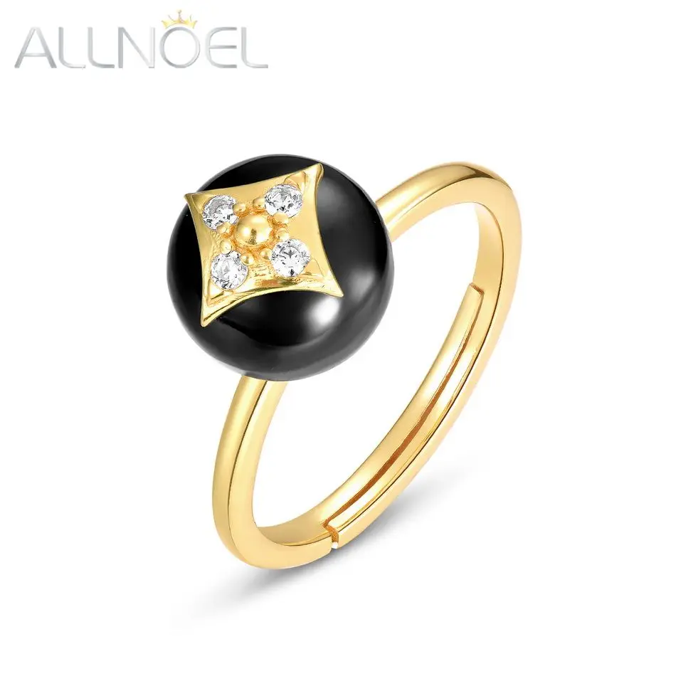 ALLNOEL Natural 9mm Black Agate Adjustable Rings Women 925 Sterling Silver 5A Zircon CZ Gold Plated Vintage Fine Jewelry Gifts