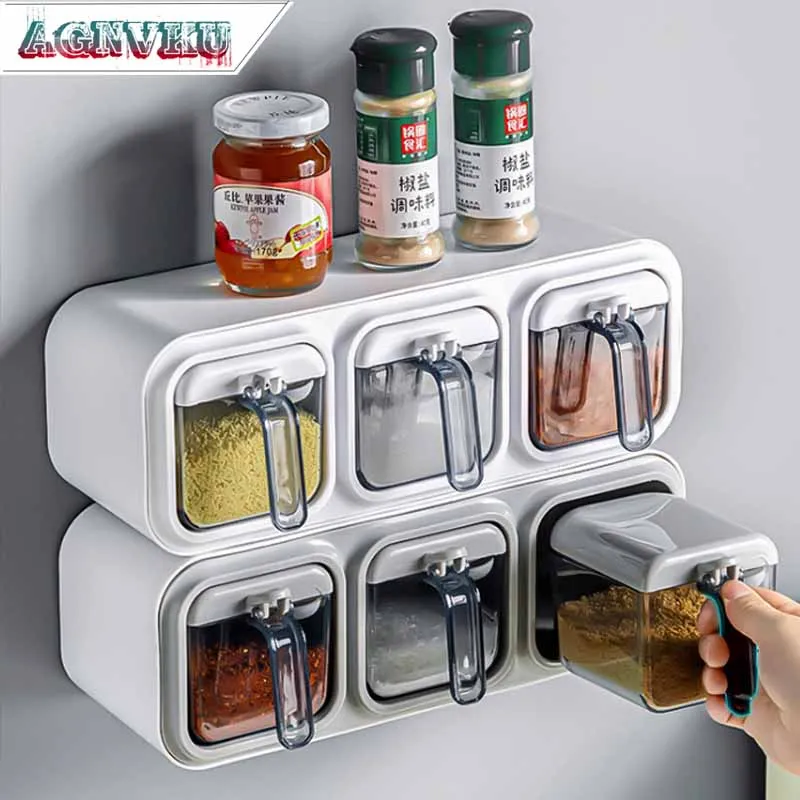 

Multi-Grid Wall Hanging Spice Box Kitchen Storage Salt Msg Bottle Salt Shaker Jar Household Seasoning Pot Combination Set