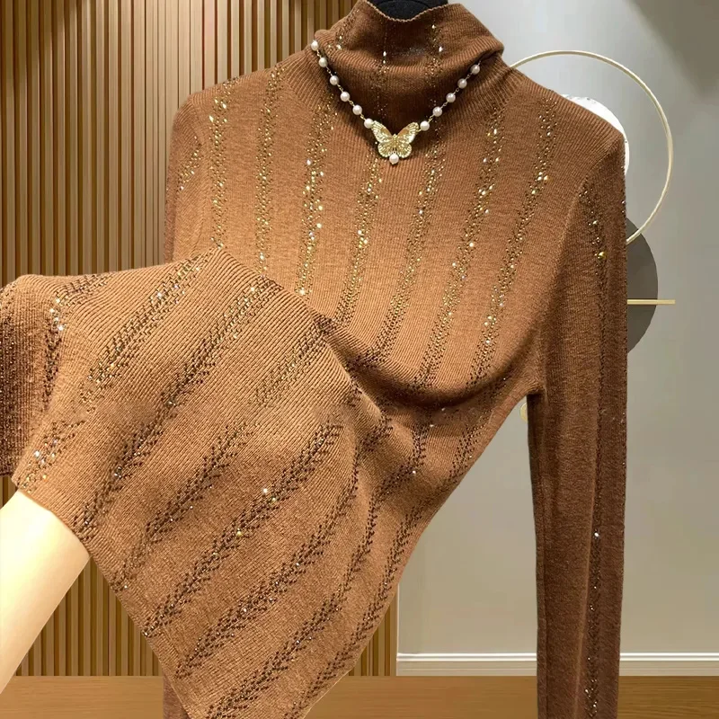 Осень-зима пуловер 2024 новая мода полосатая рубашка с высоким воротником женский