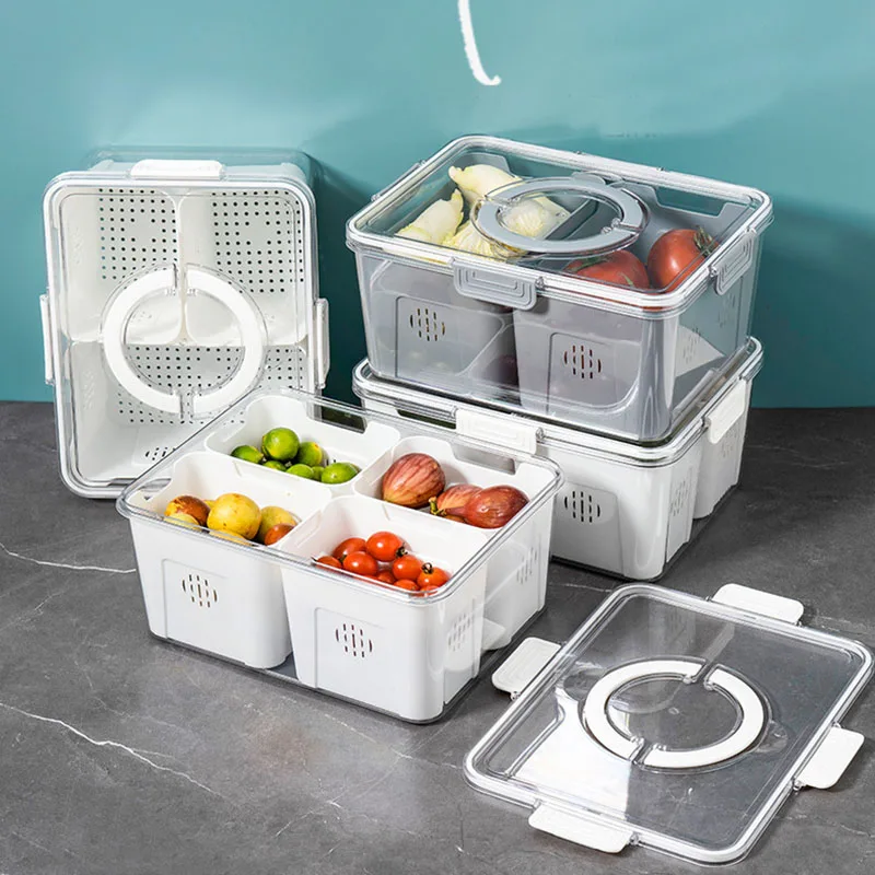 

Refrigerator Storage Box Drain Fresh-keeping Box for Vegetable Fruits Kitchen sealed Storage Organizer Containers With Lid