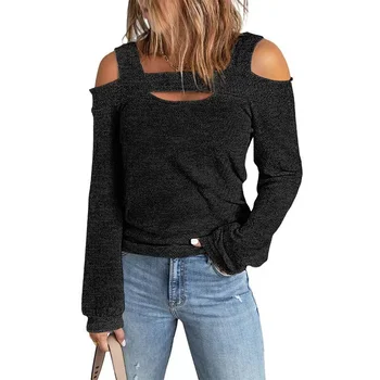 Fashion Off The Shoulder Casual T-Shirt Women 2023 Autumn Solid Loose Tees Female Cotton Long Sleeve Square Neck Tops Streetwear 2