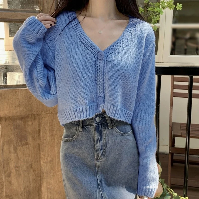 

Hot sale Y2k Women Cardigan Sweater Knitted Cropped Korean Short Long sleeve Crop Top V neck Fashion Clothe