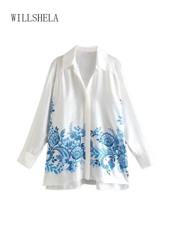 

Willshela Women Fashion Printed Side Slit Single Breasted Blouse Vintage Lapel Neck Long Sleeves Female Chic Lady Shirts