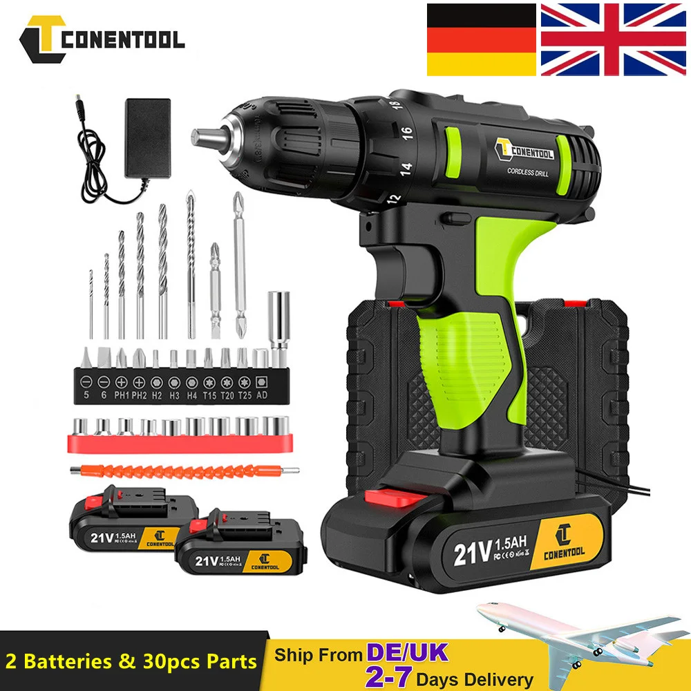 

Conentool 21V Electric Screwdriver Set 2pcs 1500mah Battery Drill Cordless Rechargeable Screwdriver Torque 18+1 Power Tools Kit