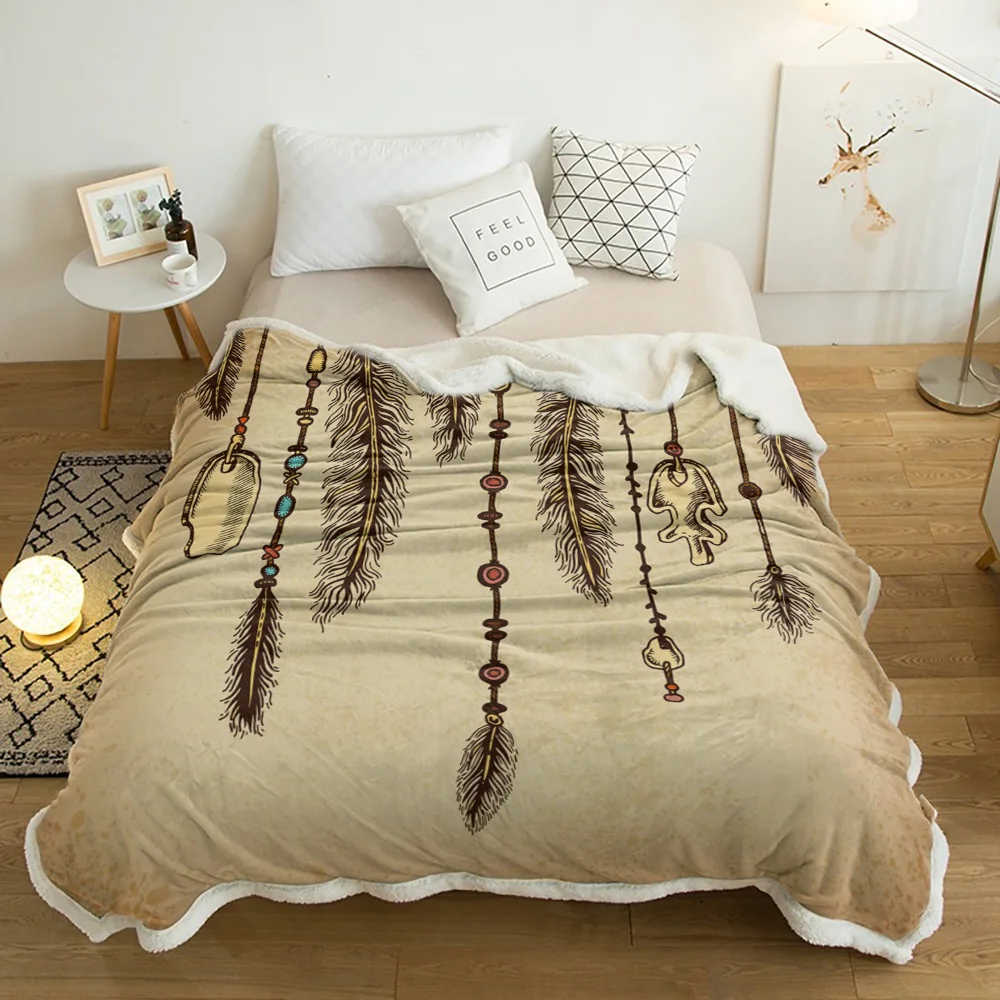 

Feather Tribal Culture Lines Retro Lamb Cashmere Fleece Blanket Home Bed Sofa Winter Sherpa Bedding Kids Thick Bedspread