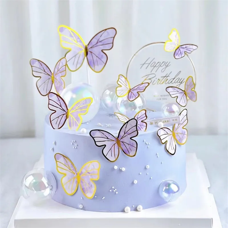 Stamping Gold Pink Butterfly Cake Toppers Princess Girl Wedding Happy Birthday Party Decor Dessert |