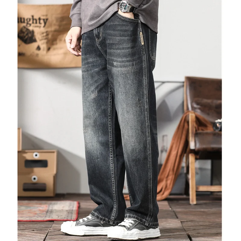 Men Clothing New Recreational Vintage Broad Leg Blue Black Jeans Straight Cylinder Large Loose The Floor Trousers Autumn Female