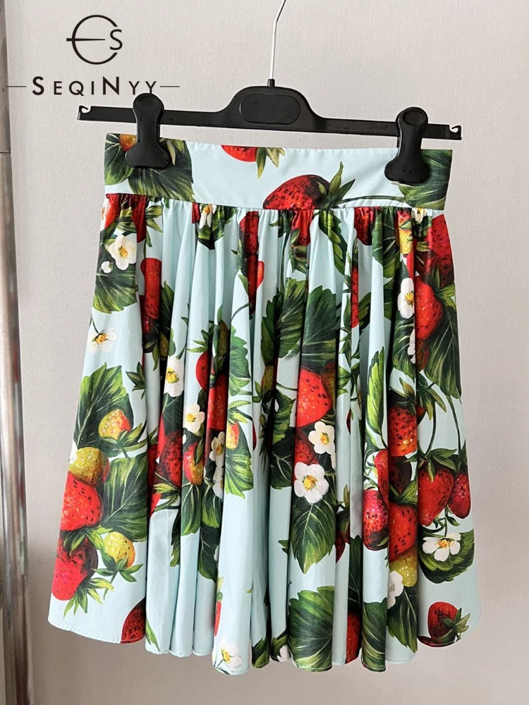 

SEQINYY Blue Mini Skirt Summer Spring New Fashion Design Women Runway High Quality 100% Cotton Vintage Flowers Strawberry Print