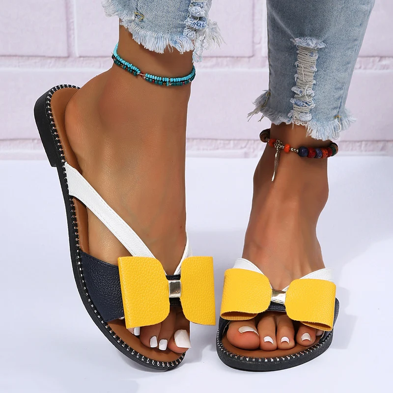 

Bow Slippers Women Colorblock Fashion Flat Shoes 2022 New Casual Summer Slides Ladies Vacation Beach Outdoor Flip Flops Zapatos