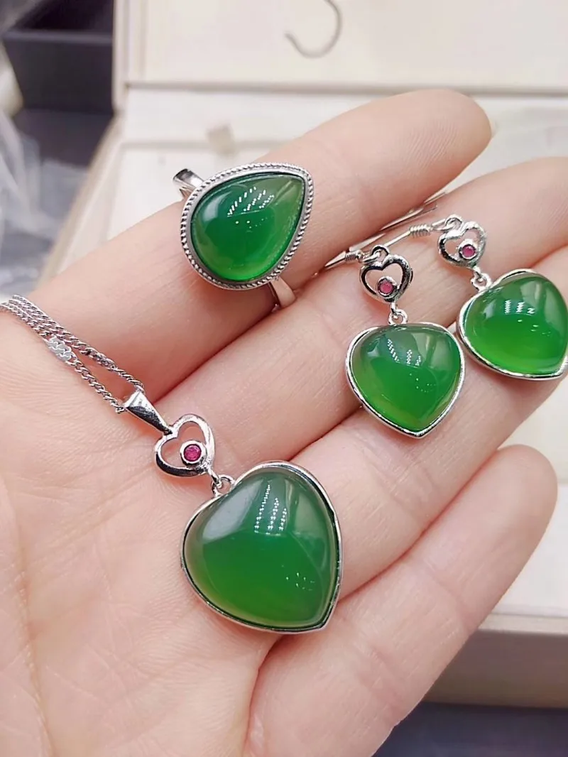

Natural chalcedony powder jade set of three 925 silver inlaid necklace pendant ring earrings multi-style ladies gift
