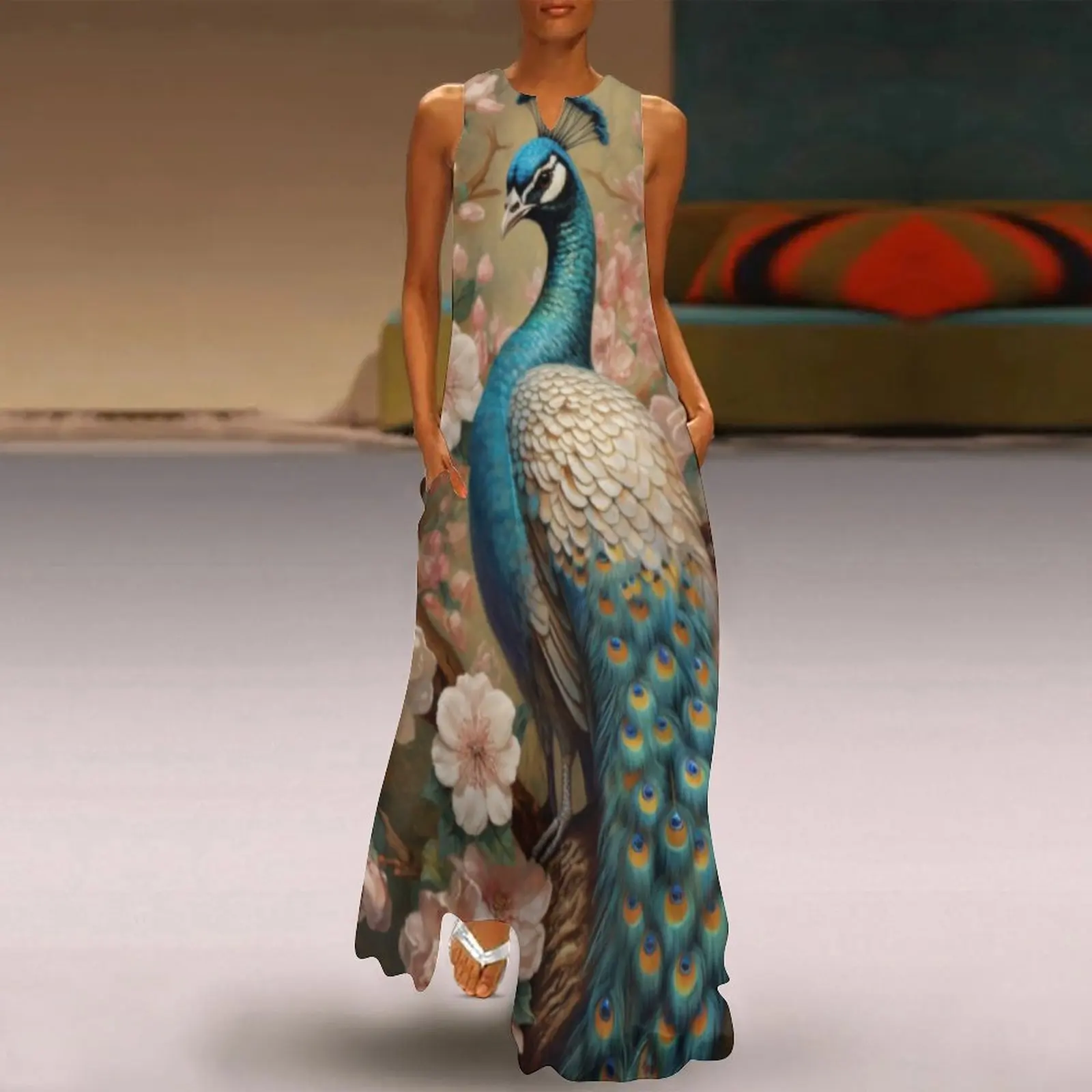 

Модное женское длинное платье, летнее винтажное платье с принтом павлина и перьев, повседневное вечернее платье