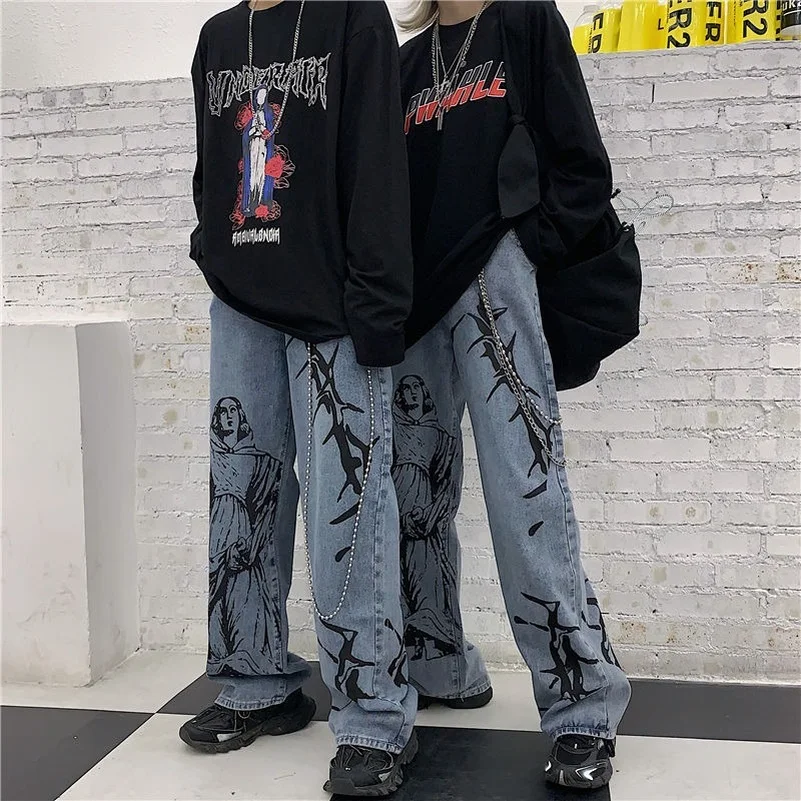 

Women American Street Clothing Retro Trend Pocket Jeans High Waist Female Letter Star Print Casual Oversized Straight Pants